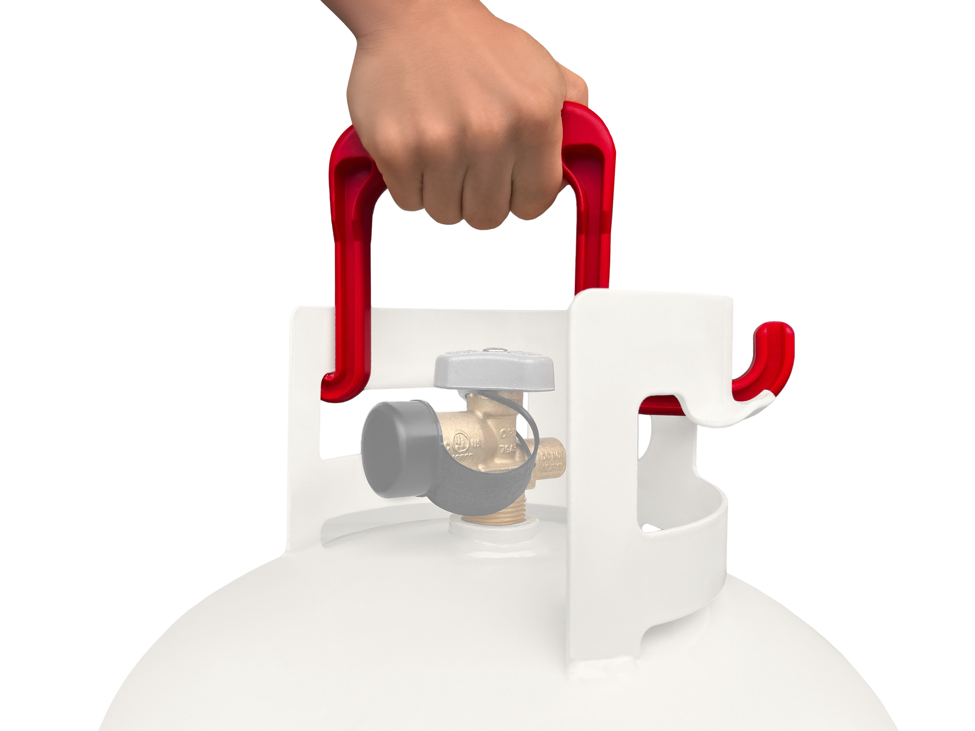 Propane Tank Handle Ergonomic Carry Grip securely attached to propane tank for safe transport.